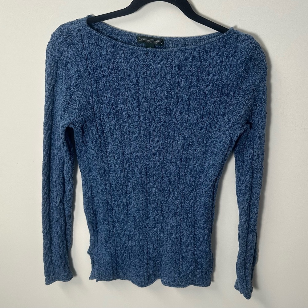Y2K RL JEANS CO women's blue cotton cable knit slim fit sweater, XS.